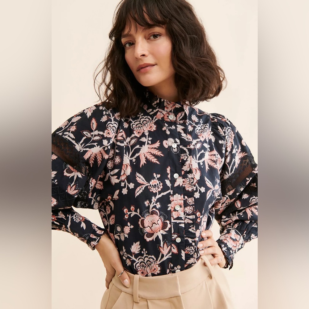 Love the label Floral balloon Puff Sleeve Blouse cottagecore poplin lace boho s